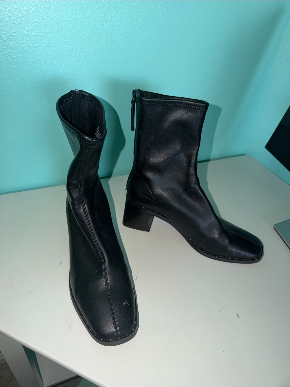 Classic Black Square-Toe Block Heel Ankle Boots